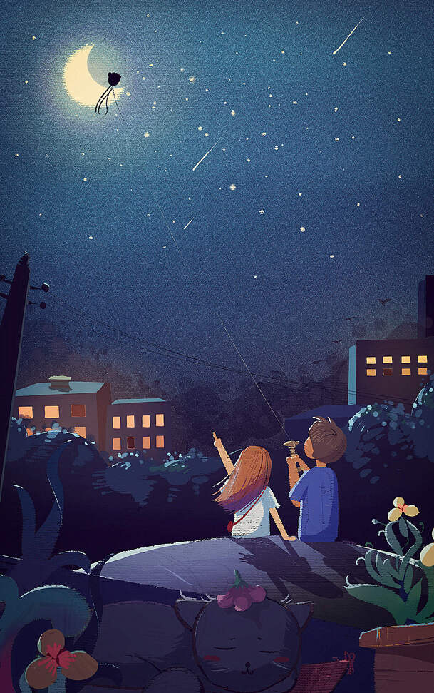 城市夜空的月亮星星童话，高清PNG透明背景，H5设计素材下载