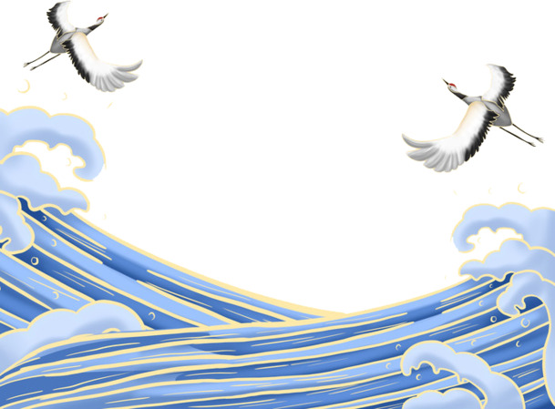 国潮风仙鹤海浪插画PNG素材，高清透明，手绘卡通元素，免费下载