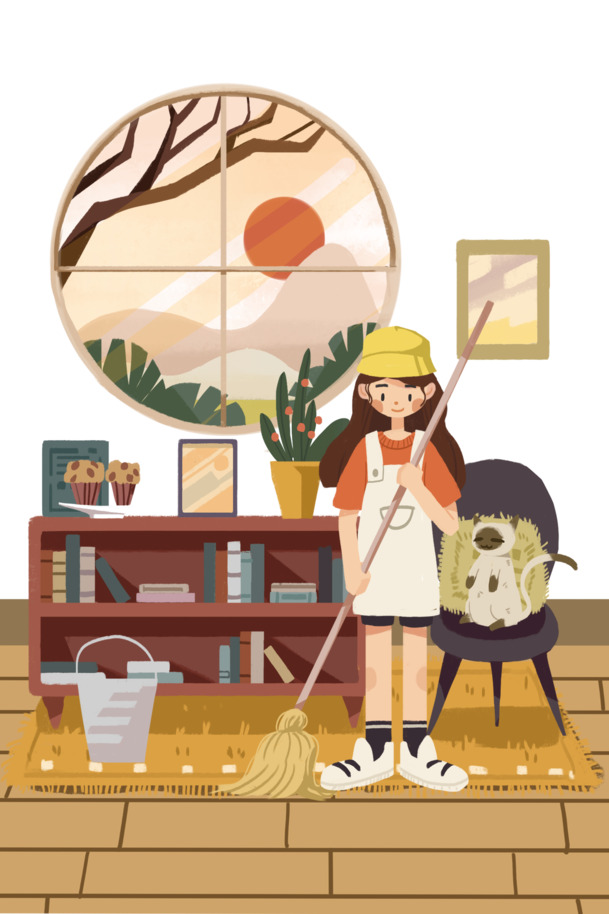 劳动节手绘元素，人物、窗树、拖把PNG/PSD高清透明图片下载
