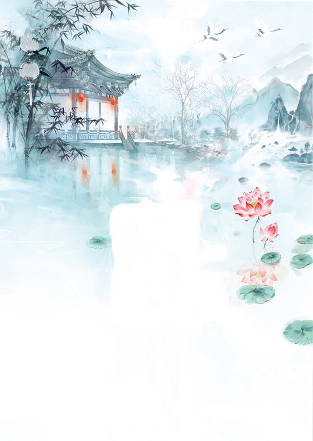 古典中国风PNG透明背景，蓝色荷塘凉亭中国画高清图片设计素材下载