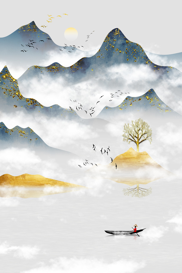 中国风山水PNG透明背景，古典元素分层PSD设计素材下载