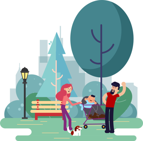 创意家庭公园漫步插画，一家三口高清PNG透明手绘卡通图，AI格式设计素材下载