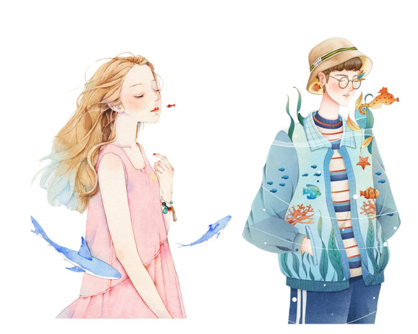 男女情头插画PNG透明图片，手绘卡通元素设计素材，高清下载
