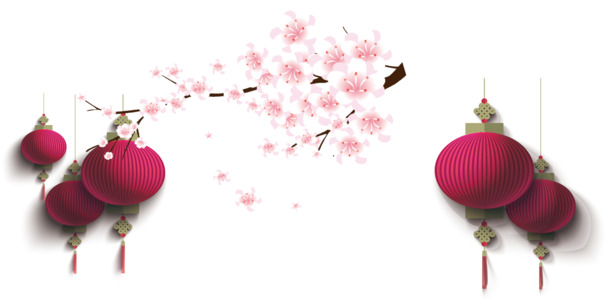 新春灯笼樱花PNG素材，高清透明，节日元素丰富，元旦春节元宵必备