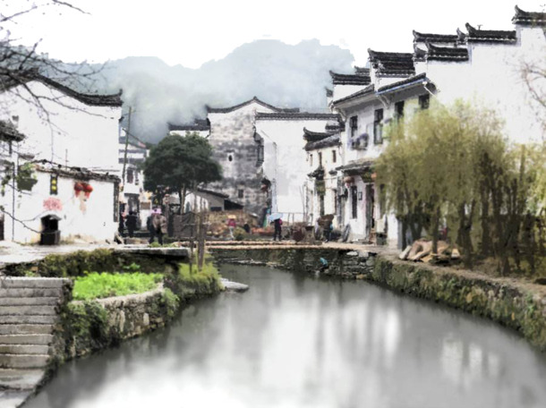 中国风装饰元素，古镇小河高清PNG透明图片，设计素材下载