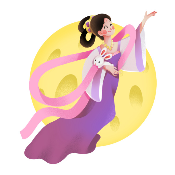 嫦娥奔月手绘卡通PNG，中秋节汉服美女元素，高清透明图片设计素材下载