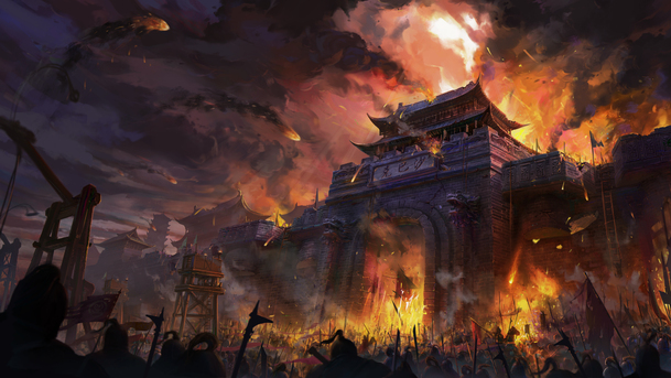 古风战场城楼手绘PNG背景，高清透明，卡通手绘素材下载