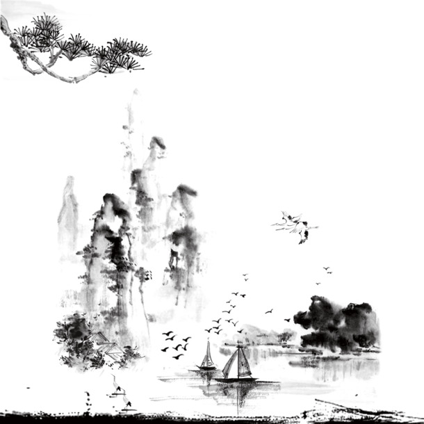 中国山水水墨画，高清PNG透明免扣图，手绘卡通元素，PSD设计素材下载