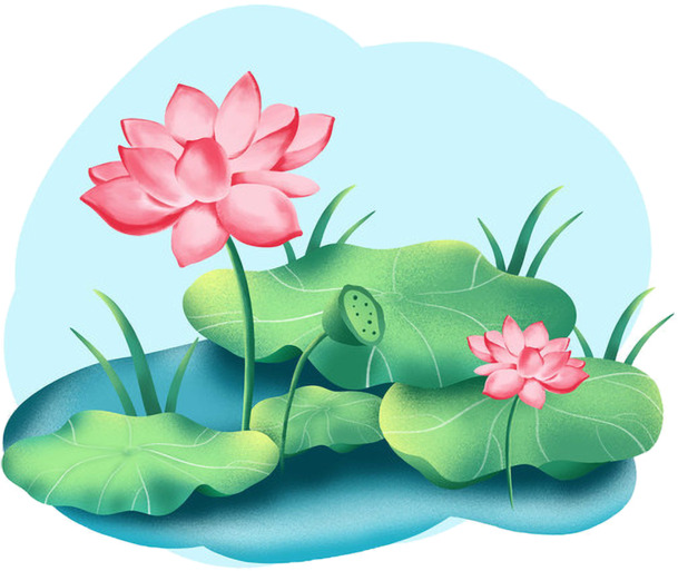 夏至荷塘，手绘卡通荷花荷叶PNG透明图，创意素材免费下载