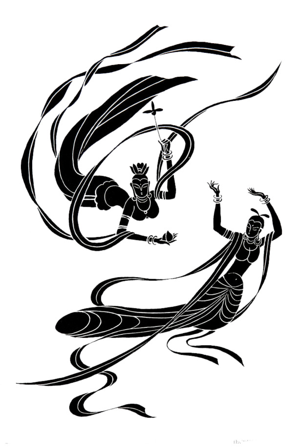 古典仙女墨迹笔触PNG透明图片，黑色仙女装饰元素，高清设计素材下载