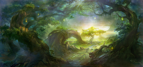 绿色迷幻森林海报背景，高清PNG透明图，手绘卡通元素，魔幻风格，免费下载