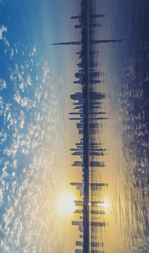 蓝色城市倒影大屏PNG透明背景，高清H5设计素材下载
