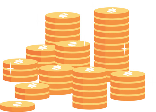 金色钱币堆叠高清PNG，手绘卡通元素，透明背景，设计素材下载