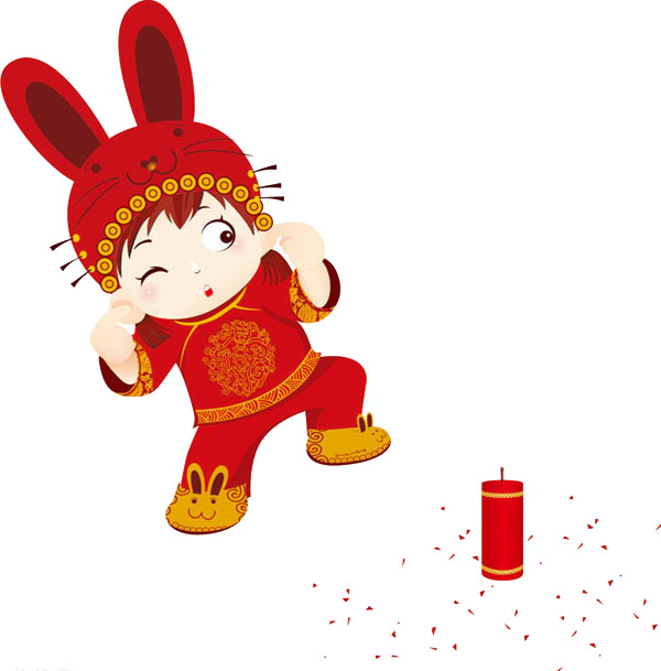 卡通孩童放鞭炮PNG素材，高清透明，节日氛围满满，元旦春节元宵必备！