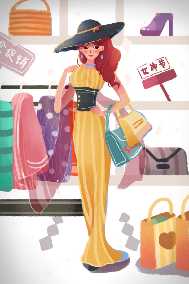 手绘女神节购物元素，高清PNG透明图与PSD设计素材下载