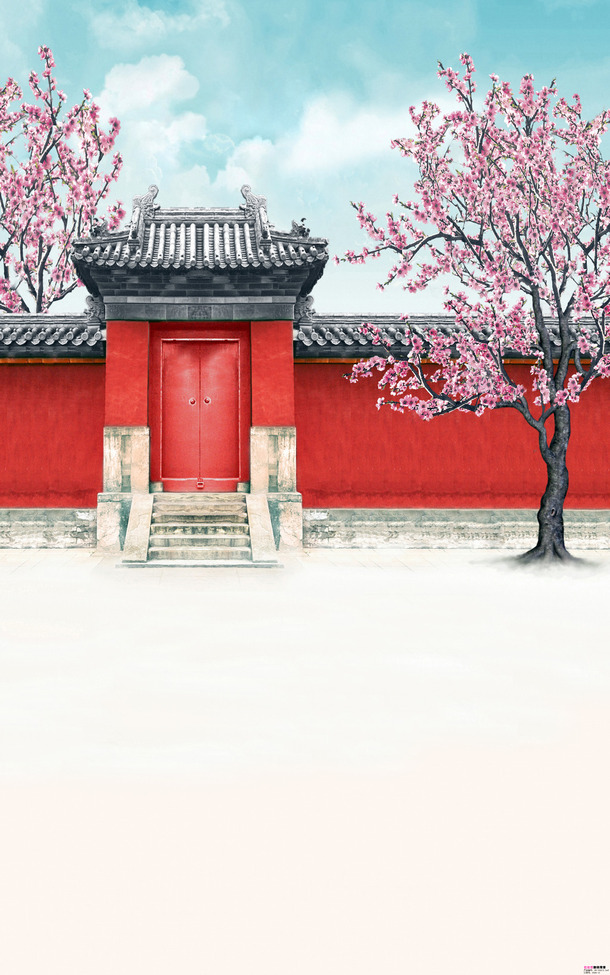 中国风红院桃花背景图，古典PNG透明素材，高清下载
