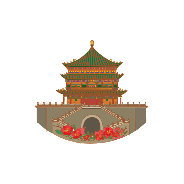 西安钟楼插画，古典中国风PNG透明背景高清图片素材下载