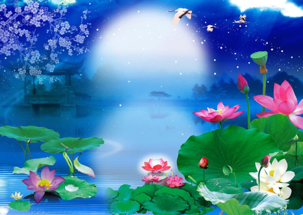 中秋荷塘月色PNG透明背景，高清节日海报设计素材下载