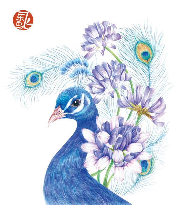 手绘孔雀花朵PNG透明背景，高清H5设计素材下载
