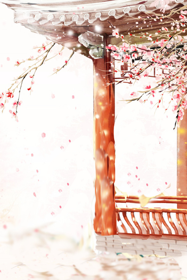 复古粉色桃花建筑PNG透明背景，卡通手绘素材高清下载