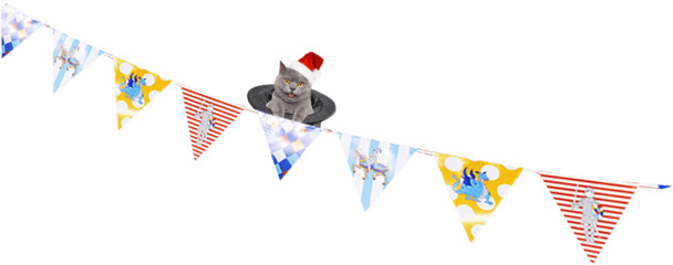 卡通三角旗与萌猫PNG透明图，高清漂浮元素，创意图片素材下载