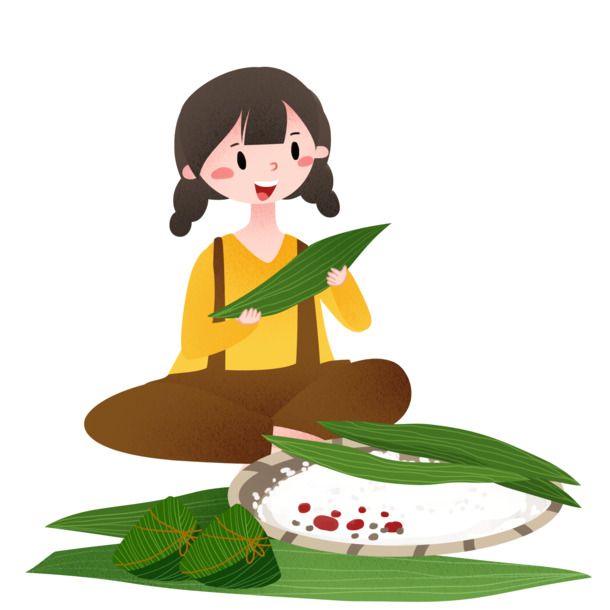 端午节卡通女孩包粽子PNG透明图，高清节日元素，设计素材免费下载