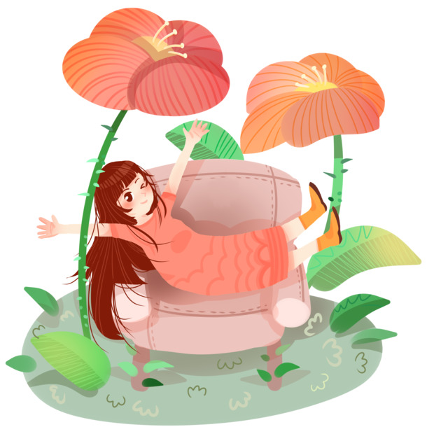 花朵女孩休憩图，高清PNG透明手绘卡通素材，免费下载