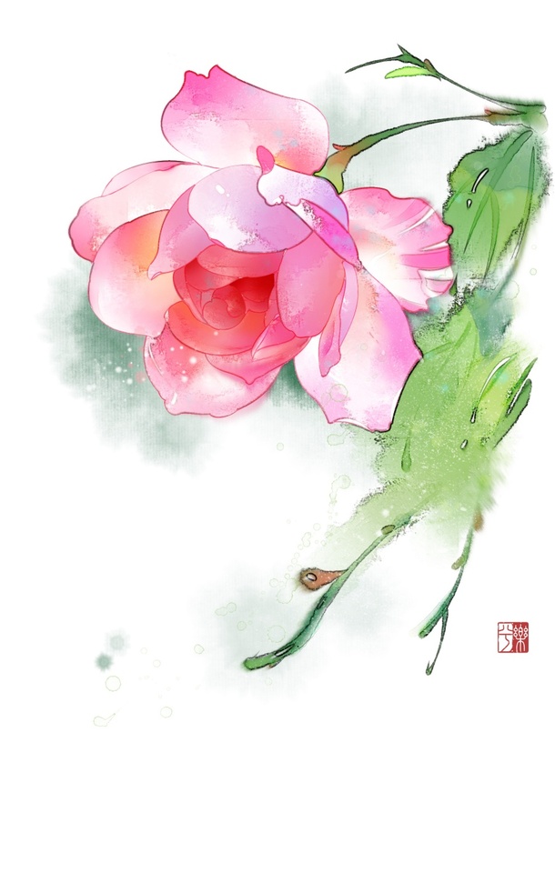手绘水彩粉色玫瑰PNG素材，高清透明背景，卡通手绘风格，免费下载