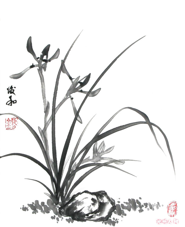 水墨兰花PNG透明图，中国风装饰元素，高清素材免费下载