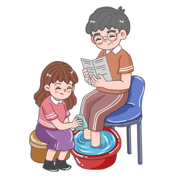 手绘动漫父女温馨场景，女儿为父洗脚，高清PNG透明图，创意卡通手绘素材下载