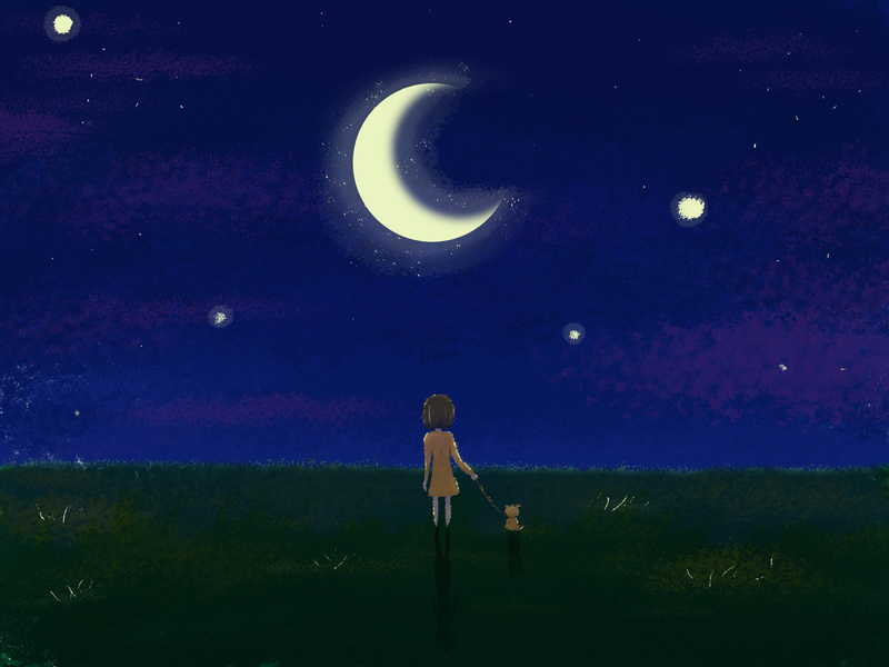 女孩携犬共赏星空，高清PNG透明背景卡通手绘图片素材下载