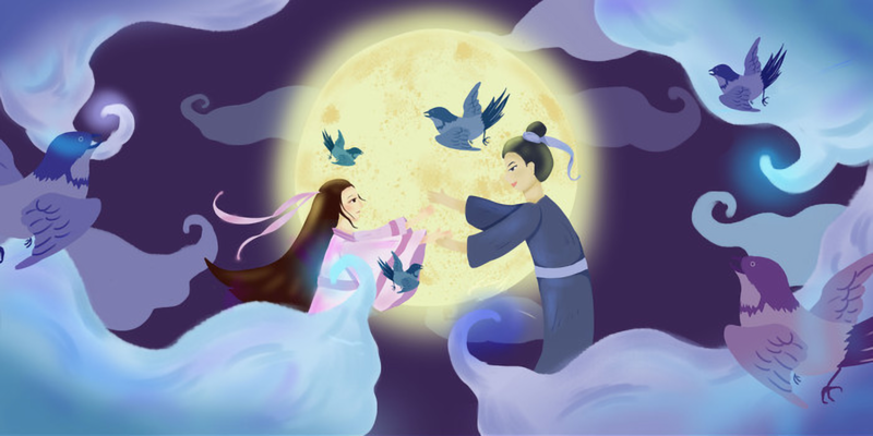 七夕情人节插画，牛郎织女浪漫手绘，高清JPG素材下载