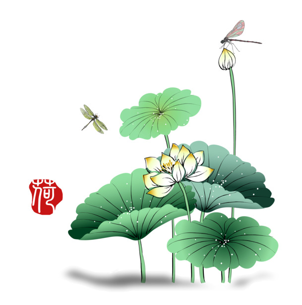 荷叶荷花印章PNG透明图，植物装饰元素PSD素材高清下载