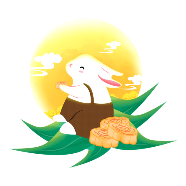 中秋节手绘兔子吃月饼PNG透明图片，高清PSD设计素材下载