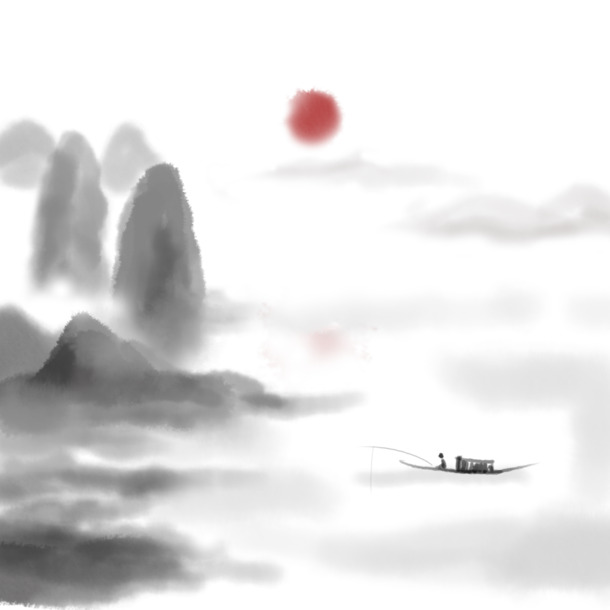 中国风古山水水墨画PNG透明背景，古典元素丰富，高清设计素材下载