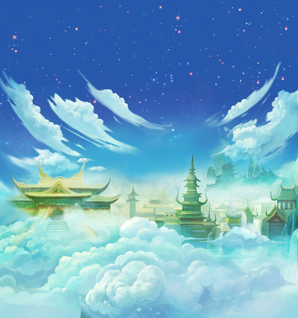 唯美天宫海报背景，高清PNG透明卡通手绘素材，免费下载