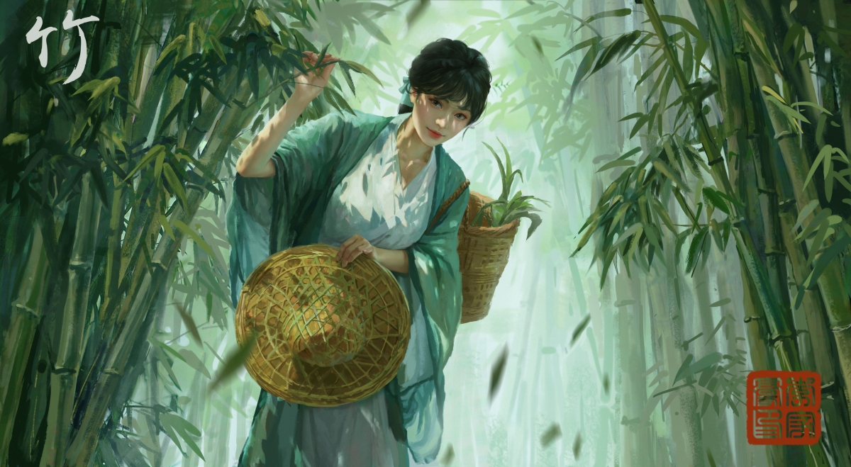 唯美中国风女孩斗笠竹林古风4K高清动漫壁纸，4096x2249超高清下载