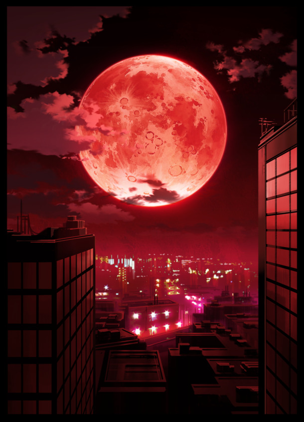 鲜红月亮动漫插画，高清PNG透明背景，卡通手绘设计素材下载