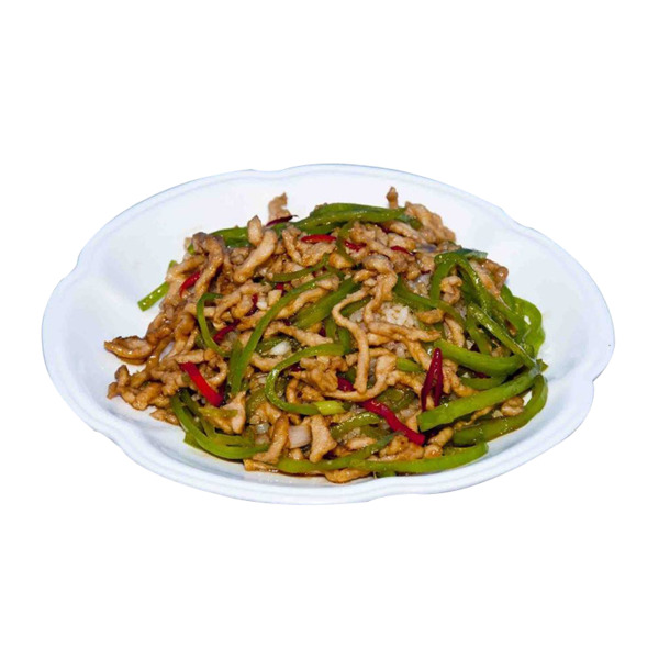 青椒肉丝盖饭美图，花瓣餐盘与红椒PNG透明装饰，PSD生活设计素材下载