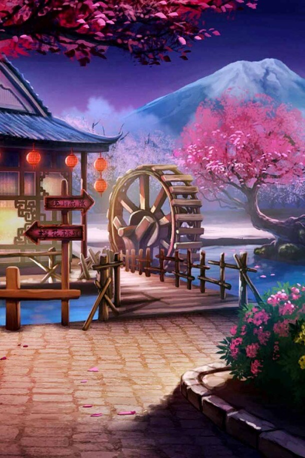 立绘擦灰风樱花树房子简车PNG透明背景卡通手绘素材下载