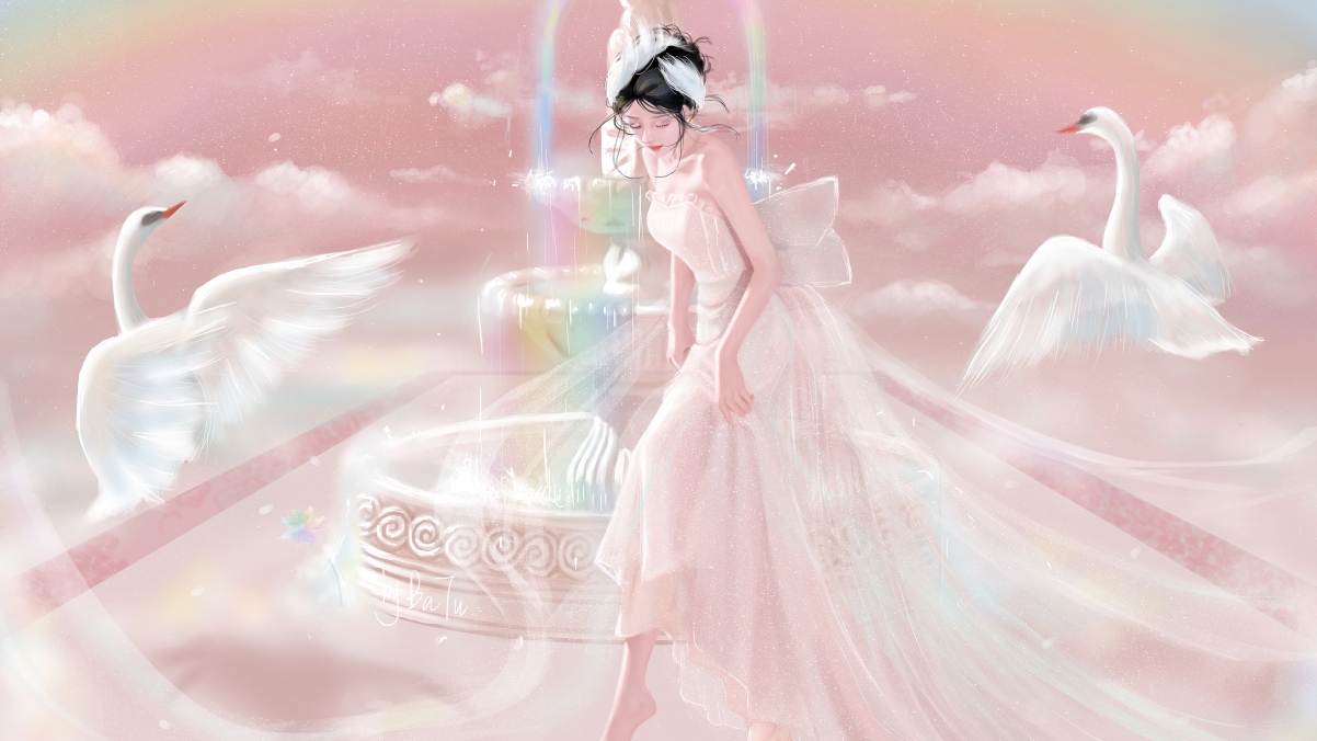梦幻天鹅公主，彩色喷泉与云雾交织的唯美厚涂4K壁纸，高清动漫图片下载