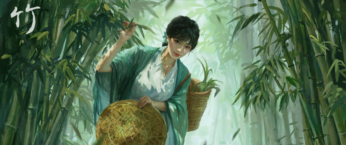 古风竹韵美女，唯美斗笠少女，4K高清动漫壁纸，3440x1440带鱼屏专属下载