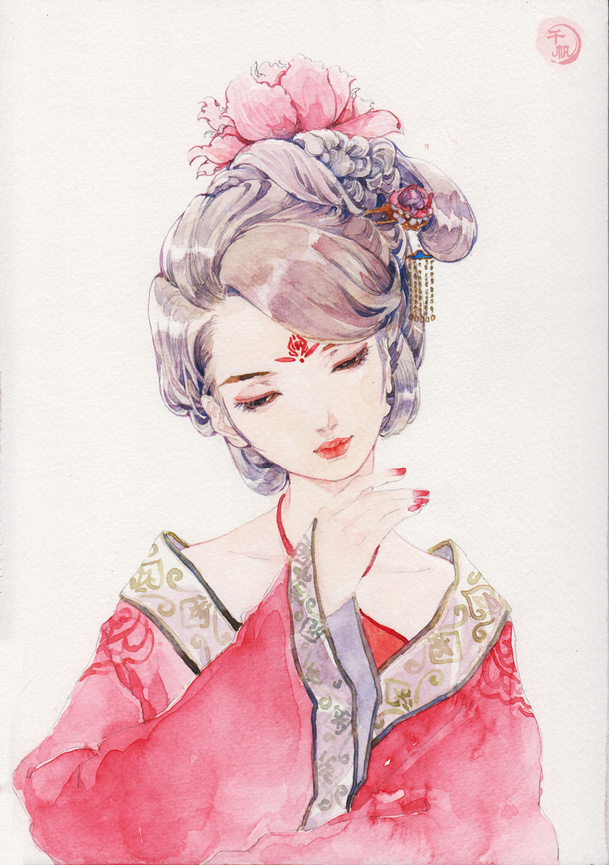 手绘水彩古风美女PNG透明背景，高清卡通手绘图片素材下载
