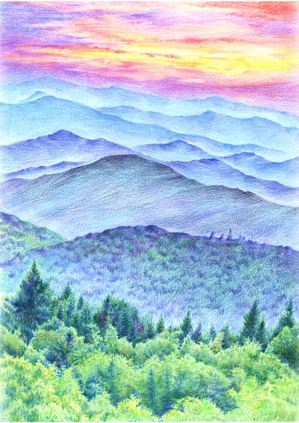 下载彩色铅笔画山峦云霞PNG背景，高清透明，手绘卡通设计素材