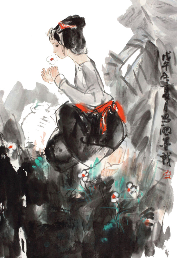 傣族姑娘闻花香高清PNG素材，透明装饰元素，笔触墨迹风格，免费下载