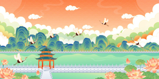 国潮古典仙鹤建筑插画，高清PNG透明背景，中国风图片素材下载