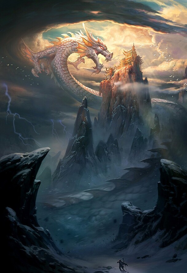 巨龙云顶天宫插画，高清PNG透明背景，H5设计素材免费下载