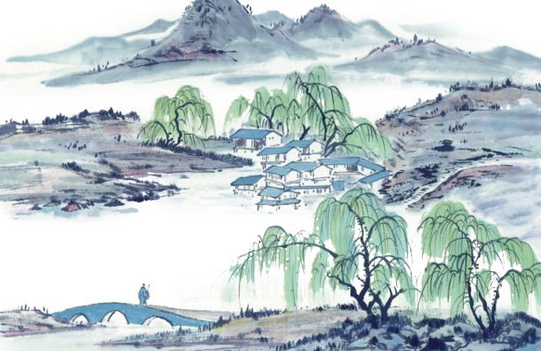 水墨柳树青山PNG透明图片，精美装饰元素，笔触设计素材下载