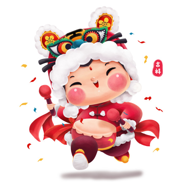 寅虎年新春贺岁，高清PNG透明虎帽福娃打鼓图，节日元素丰富，下载即用！