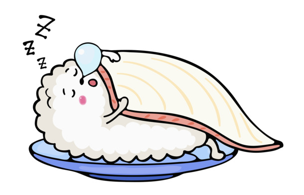 卡通饭团睡眠免抠PNG，高清透明，含漂浮花瓣，设计素材下载